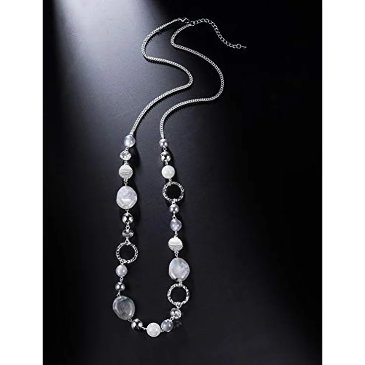 Bulinlin Lange Perlenkette für Damen, Boho Stahl mit Silber und Harzperlen, 35 Zoll + 3 Zoll Verlängerung, Grau, Modeschmuck für Hochzeitstag und Geschenke – Bild 3