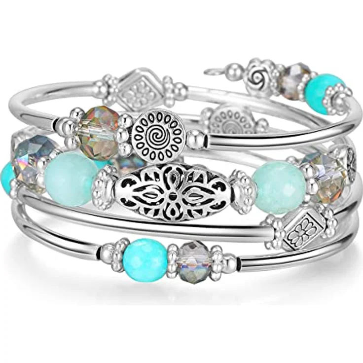 FULU AUTUMN Damen Boho Armband, Mehrschichtiges Perlen Wickelarmband aus Silber und Kristallglas, turquoise, Geschenkbox für Geburtstag und Muttertag – Bild 1