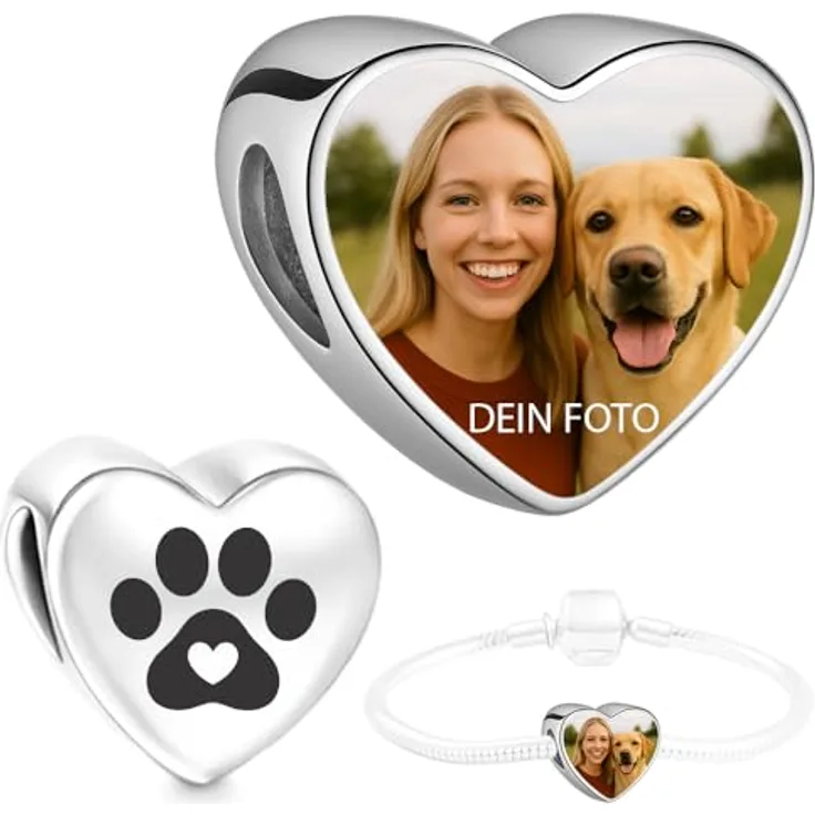 2Burned Personalisiert Schmuck Foto Charm Herzen, Edelstahl 316, kompatibel mit Pandora Armband und Kette, Hunde-, Katzenpfote mit Herz, 1,2 x 1,2 cm