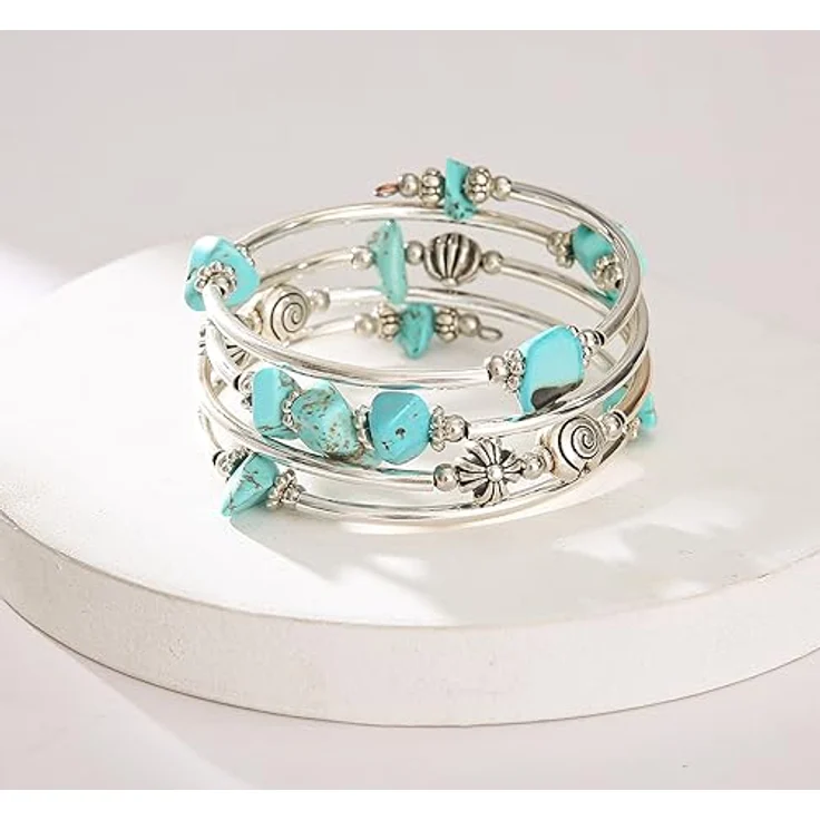 FULU AUTUMN Damen Boho Armband, mehrschichtiges Perlen Silber Wickelarmband mit Natursteinen in Türkis, perfektes Geschenk für Frauen zum Geburtstag und Muttertag – Bild 2