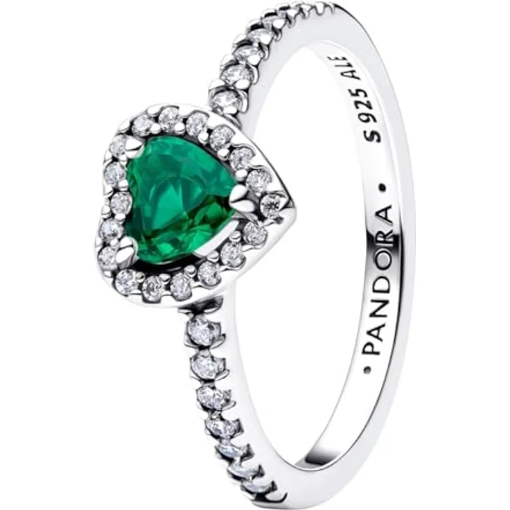 PANDORA Silber-Ring für Damen Erhabenes Herz mit Zirkonia, Royales Grün, Ringgröße 58/18,5