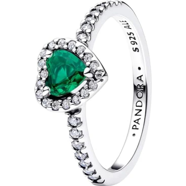 PANDORA Silber-Ring für Damen Erhabenes Herz mit Zirkonia, Royales Grün, Ringgröße 58/18,5 – Bild 1