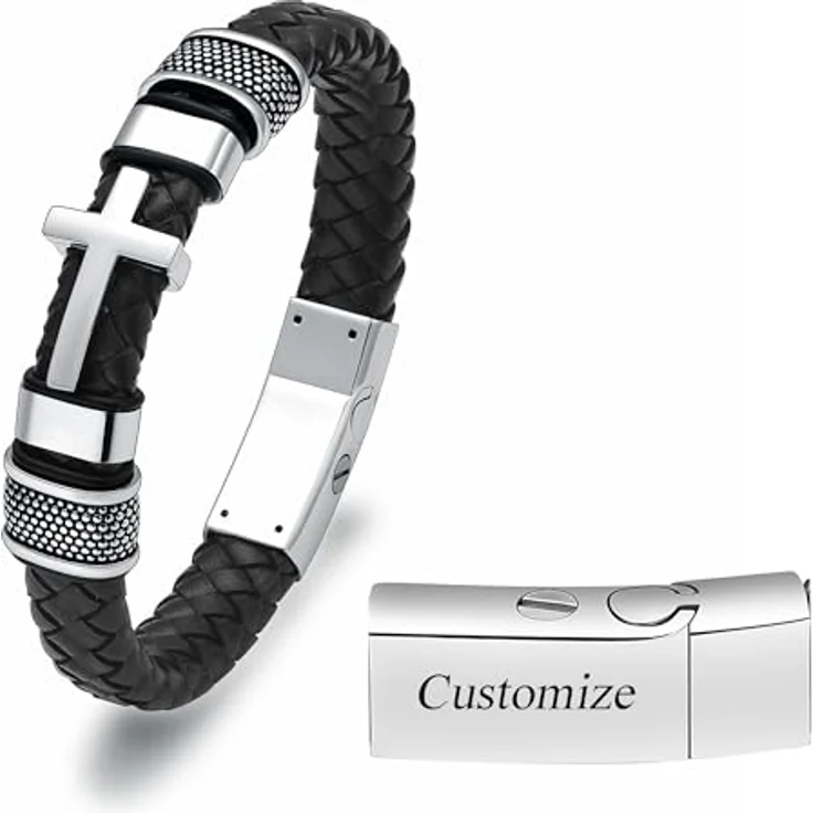 VCCWYQK Urnen-Kreuz-Armband für Asche, echtes Leder, 20/22/24 cm, Gedenk-Asche Schmuck für Herren, mit Edelstahlverschluss und Geschenkbox – Bild 2