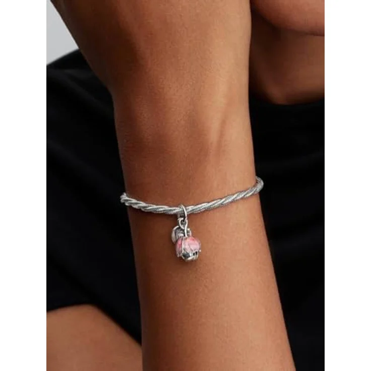PANDORA Charm Zweifarbige blühende Blume, 14 Karat Vergoldung mit grünem Kristall und rosa Emaille, Gravur Danke, kompatibel mit Moments ME – Bild 4