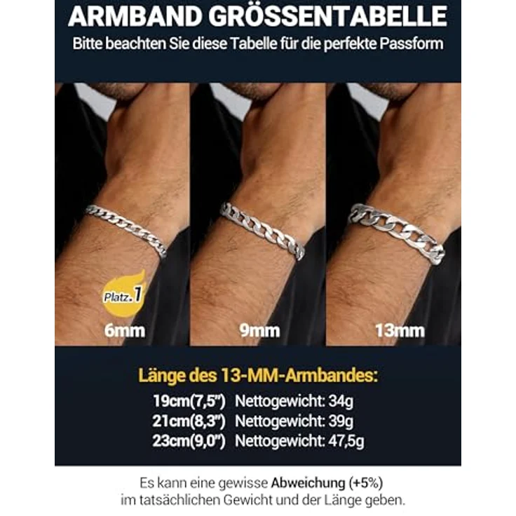 PROSTEEL Panzerarmband Herren Edelstahl, 21cm lang, 13mm breit, Silber, wasserfest und robust, klassisches Design – Bild 2