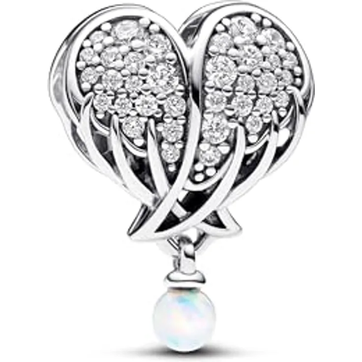 Pandora Charm Herz 792980C01, Charm-Anhänger aus Sterling Silber mit Engelsflügeln, Zirkonia und synthetischem Opal