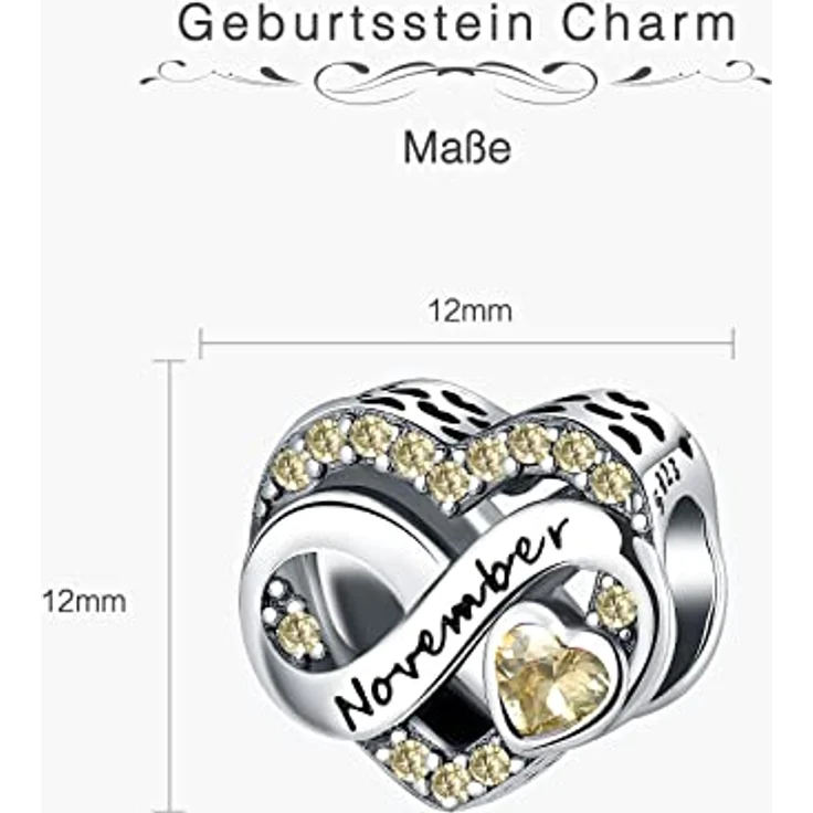 BIZK Damen Unendlichkeit Geburtsstein Charm Anhänger, 925 Sterling Silber mit klaren hellgelben Zirkonsteinen, November Geburtstagsgeschenk für Armband – Bild 5