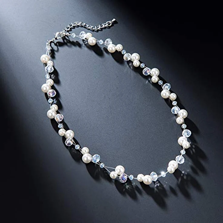 Bulinlin Damen Kristall Perlenkette, Silber Boho Statement Choker Halskette, 17-Zoll + 3-Zoll Verlängerung, weiß – Bild 4