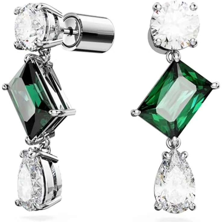 Swarovski Mesmera Drop-Ohrhänger, Grüne und Rhodinierte Hängeohrringe mit Swarovski Kristallen im Oktagon-Treppenschliff – Bild 2