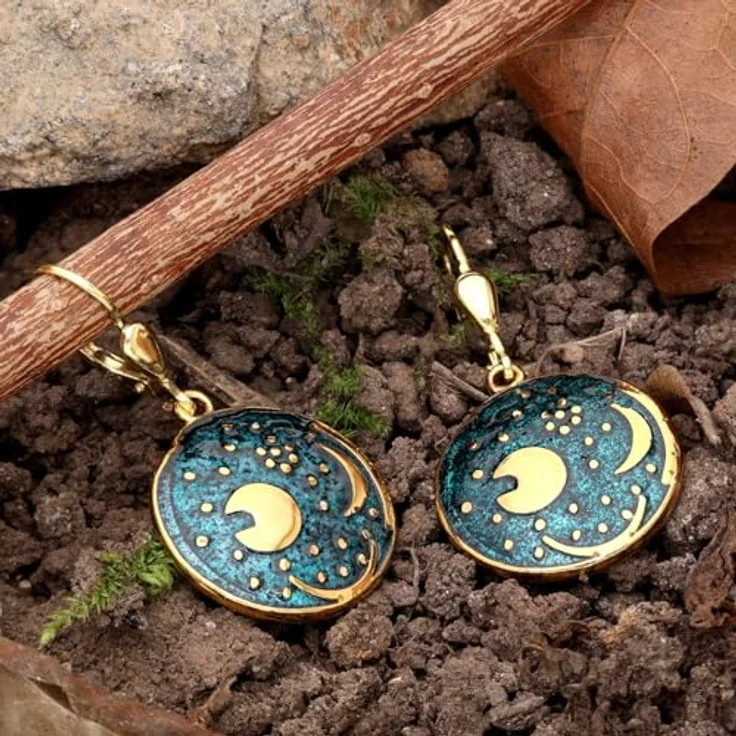 trendor Ohrringe Himmelsscheibe von Nebra, 925 Silber grün/gold, Ø 18 mm, antik-designt, beweglicher Anhänger, Geschenkidee für Damen, 21548 – Bild 3