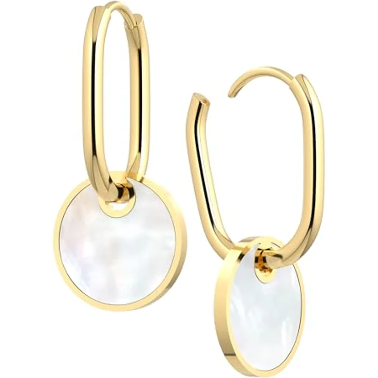 THIORA 'Pearl Oasis' Creolen Gold, Echte Perlmutt Plättchen, Premium Edelstahl Ohrringe, Zeitlose Eleganz, 12.5mm x 18.5mm – Bild 1