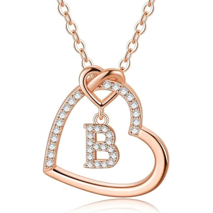 TINGN Personalisierte Herz Halskette für Damen, Roségold mit Buchstaben B, 18" + 2" Verlängerung, nickelfrei, Geschenk für Frauen und Mädchen