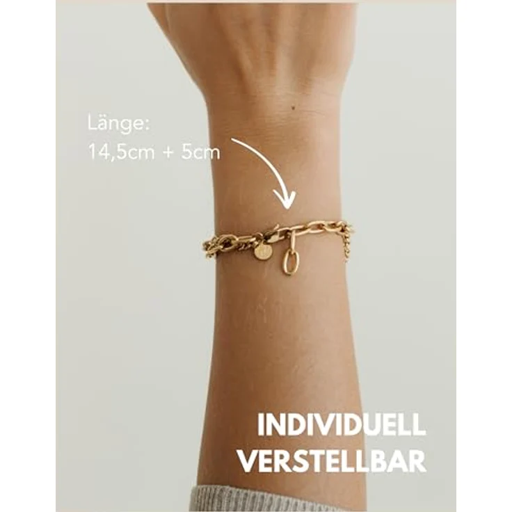 GD GOOD.designs Armband Herz für Damen Gold - 18K vergoldetes, mehrreihiges Charms Armband mit verstellbarem Herzanhänger (14,5cm - 19,5cm) - Figaro- und Panzerkette – Bild 5