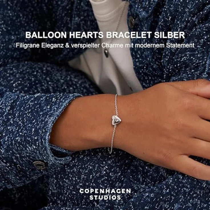Copenhagen STUDIOS Bracelet Balloon Hearts, filigranes Damenarmband aus poliertem Edelstahl mit Herzanhänger, verstellbare Länge, wasserfest, silber – Bild 2