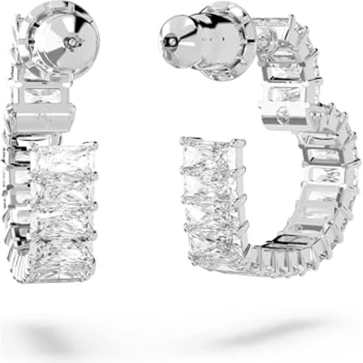 Swarovski Matrix Kreolen, Rhodinierte Ohrringe mit Herz-Motiv und Baguette-schliff, Strahlende Swarovski Kristalle – Bild 4