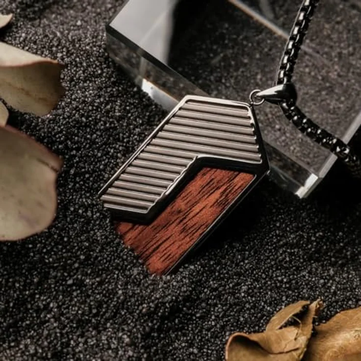 HOLZKERN Herren-Halskette Zigzag, Edelstahl mit Walnuss und dunkelgrauer Plattierung, Dog Tag Anhänger, 55 cm plus 5 cm Verlängerung – Bild 4