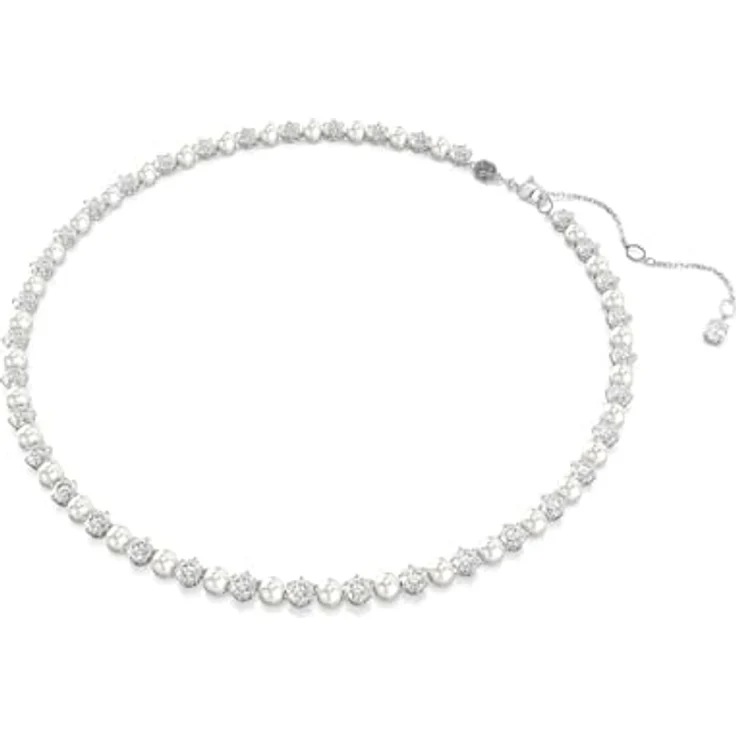 Swarovski Matrix Tennis Halskette, Rhodinierte Damenhalskette mit weißen Kristallen und kleinen Kristallperlen, Länge: 41-44 cm – Bild 3