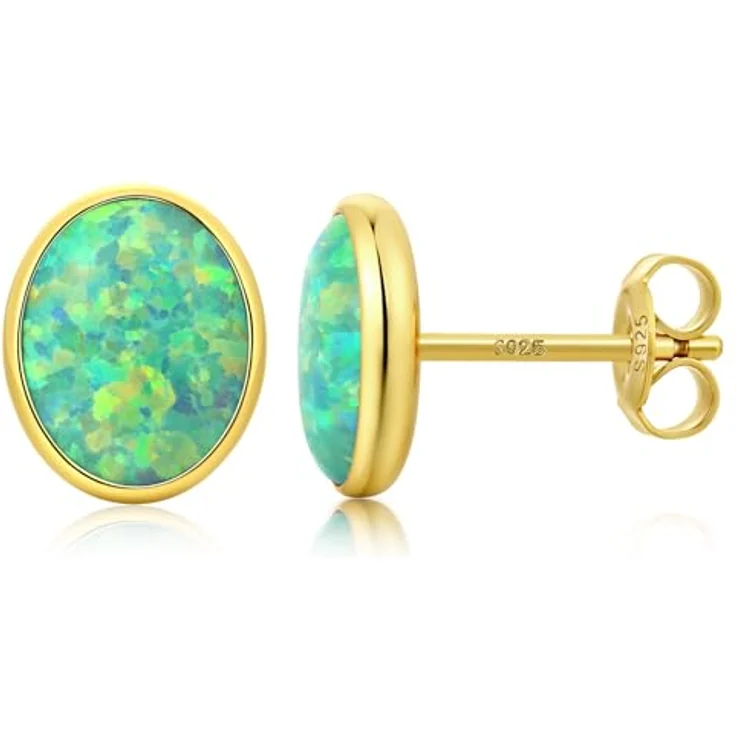Jiahanzb Opal Ohrringe, 925 Sterling Silber, Ovale Ohrstecker in Grün, Hypoallergen, 7 mm, Vergoldet – Bild 1