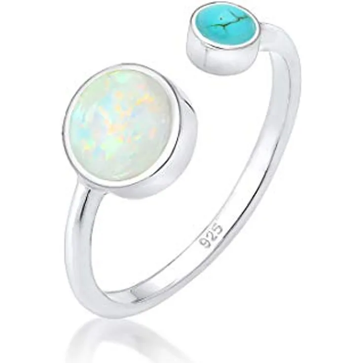 Elli Ring Damen Boho Offen Verstellbar, 925 Sterling Silber mit Opal und Howlith Edelstein