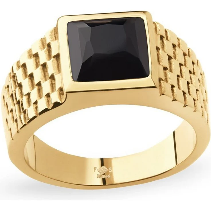 FAVS Herren-Edelstahlring mit Onyx, IP-Gold Oberfläche, markantes Design