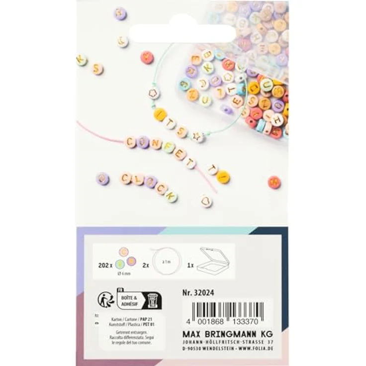 folia 32024 Buchstaben Perlen Mix PASTELL, Set mit 202 Perlen, 2x 1 m Gummibändern und Aufbewahrungsbox – Bild 2