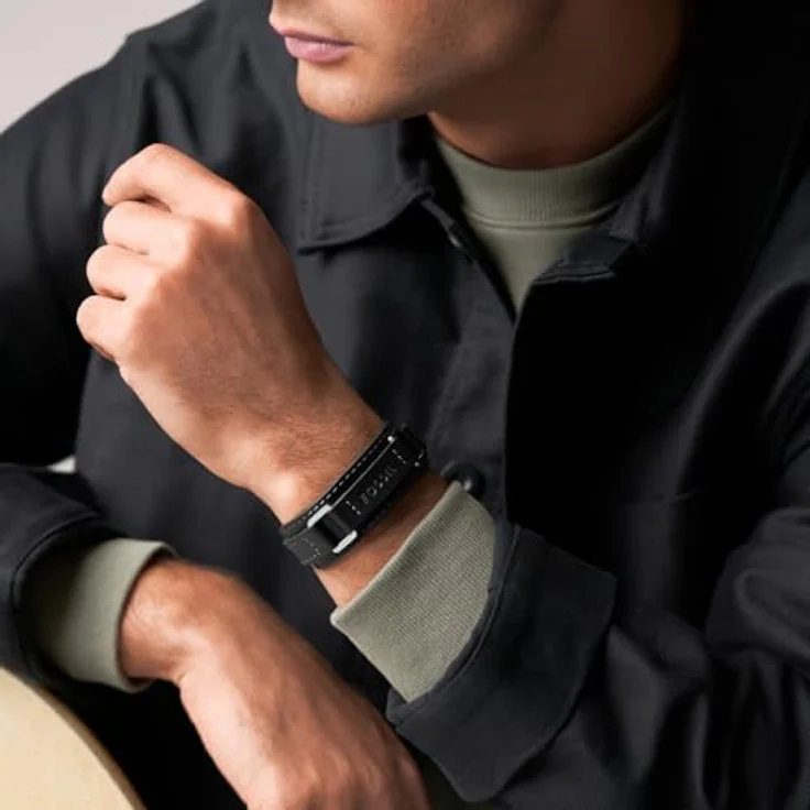 Fossil Machine Herren-Armband aus schwarzem Leder, matt mit sicherer Dornschließe, Länge 260 mm, Breite 24 mm – Bild 2