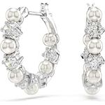 Swarovski Matrix Kreolen, Rhodinierte Damenohrringe mit Weißen Swarovski Kristallen und Kristallperlen, Größe: 1.8 x 0.4 cm