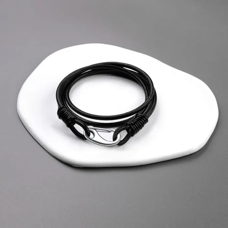 Viwind Geflochtenes Lederarmband Damen, Multilayer 21cm mit Edelstahlkarabiner, Schwarzes Rundseil, Geschenkbox – Bild 2