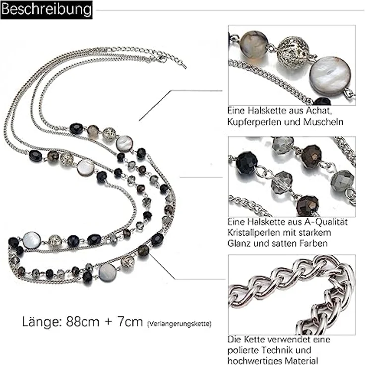 FULU AUTUMN Lange Perlenkette Silber, Zwei Strang Modeschmuck Halskette mit Kristall und Achatmuscheln, Geschenk für Damen (Schwarz) – Bild 5
