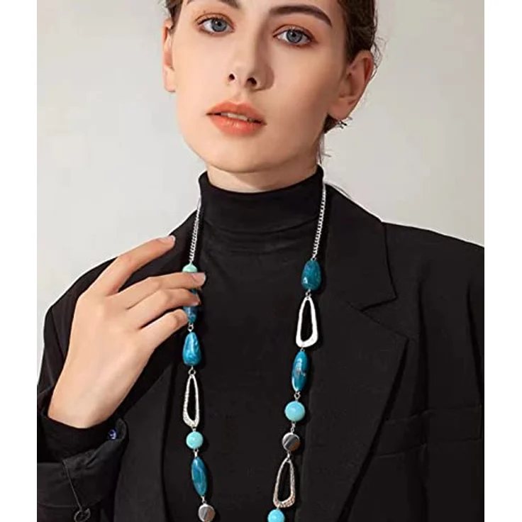 FULU AUTUMN Lange Perlenkette Damen Boho Statement Schmuck, 35 Zoll in Sea Green, handgefertigt aus Glas und Kristall, hypoallergen – Bild 5