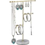 Relaxdays Schmuckständer aus Marmor, 3 Stangen für Ketten, Ohrringe & Armbänder, HxBxT 26x19x8 cm, weiß/Gold