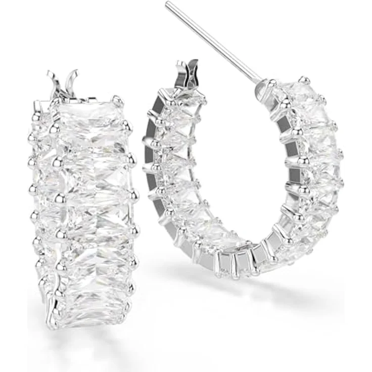 Swarovski Matrix Kreolen, Rhodinierte Ohrringe mit weißen Swarovski Zirkonia im Baguette-Schliff, 2 x 0.5 cm – Bild 3