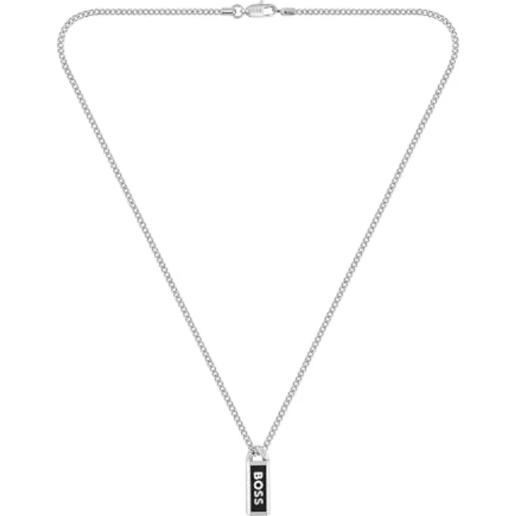 BOSS KASSY EMBLEM Herren-Halskette, Edelstahl mit Anhänger aus schwarzem Email, 558 mm, sicherer Karabinerverschluss