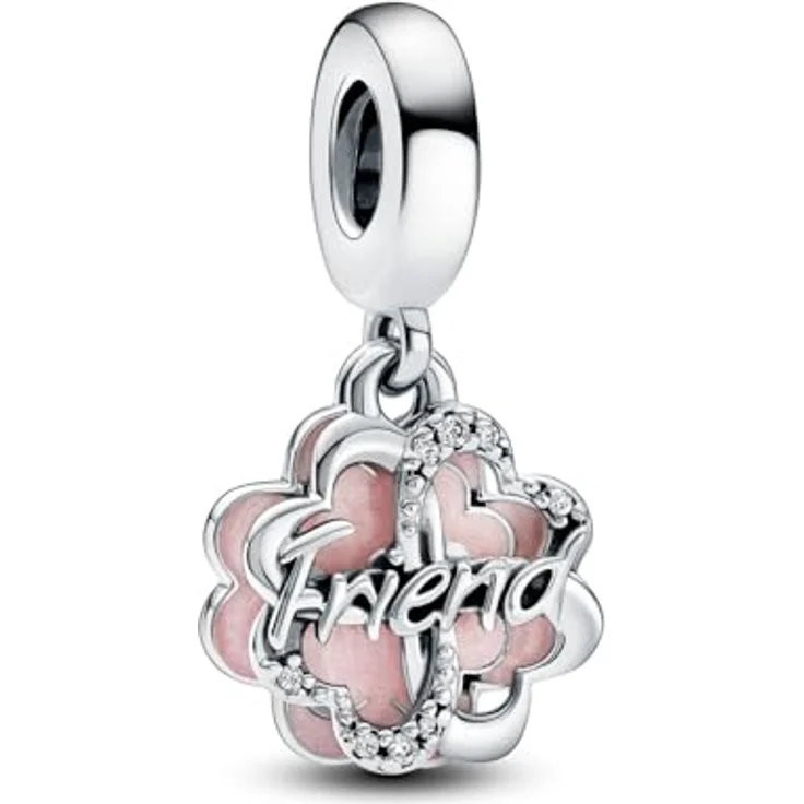 PANDORA Vierblättriges Kleeblatt Freundschaft Doppelter Charm-Anhänger aus Sterling Silber und Puderrosa Emaille - Kompatibel mit PANDORA Moments Armbändern – Bild 1