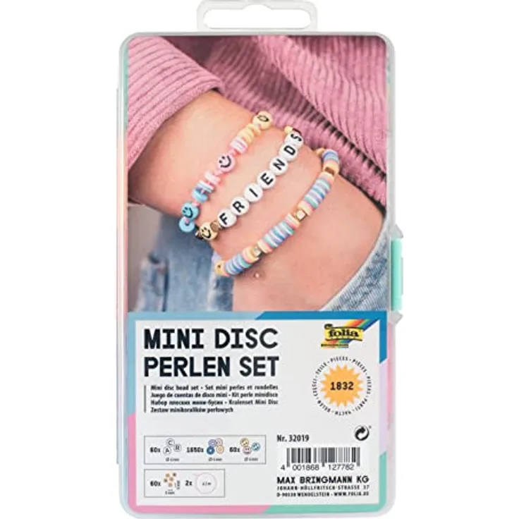 Folia 32019 Mini Disc Perlen Set, 1.832 Teile, mit 60 Buchstabenperlen, 1.650 Mini-Disc-Perlen, 60 Smiley-Perlen, 60 goldene Perlen, 2 Gummibänder je 2 m in Weiß & Rosé, Aufbewahrungsbox ca. 18,5 x 10 x 2,3 cm