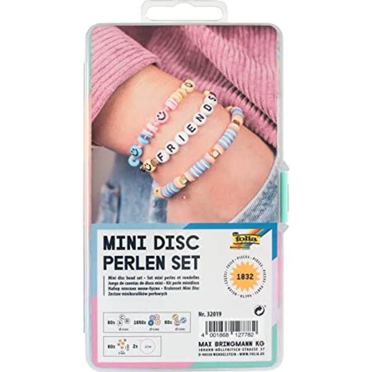 Folia 32019 Mini Disc Perlen Set, 1.832 Teile, mit 60 Buchstabenperlen, 1.650 Mini-Disc-Perlen, 60 Smiley-Perlen, 60 goldene Perlen, 2 Gummibänder je 2 m in Weiß & Rosé, Aufbewahrungsbox ca. 18,5 x 10 x 2,3 cm – Bild 1