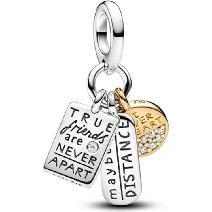 PANDORA Moments Dreifacher Freundschafts-Charm-Anhänger aus Sterling Silber mit vergoldeter Metalllegierung und Zirkonia, gravierte Herzen, kompatibel mit Moments und ME Armbändern, 763436C01