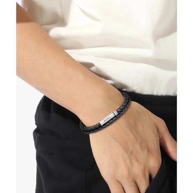 BOSS Jewelry ARES Lederarmband für Herren, schwarzes Leder mit Edelstahlverschluss, 190 mm Umfang, magnetischer Verschluss, drei ikonische BOSS-Farben – Bild 3