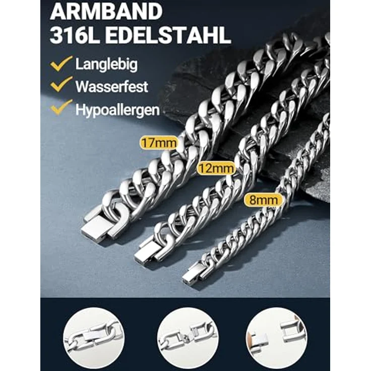 PROSTEEL Herren Armband Edelstahl Panzerkette 21 cm, 17 mm breit, silber, langlebig und korrosionsbeständig – Bild 2