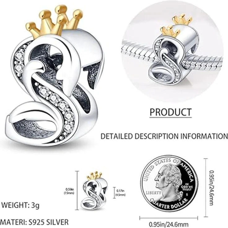 TINSLO Charm Anhänger Buchstabe S, 925 Sterling Silber mit Zirkonia, passend für Pandora Armband und Halskette, kompatibel mit europäischen Beads – Bild 4