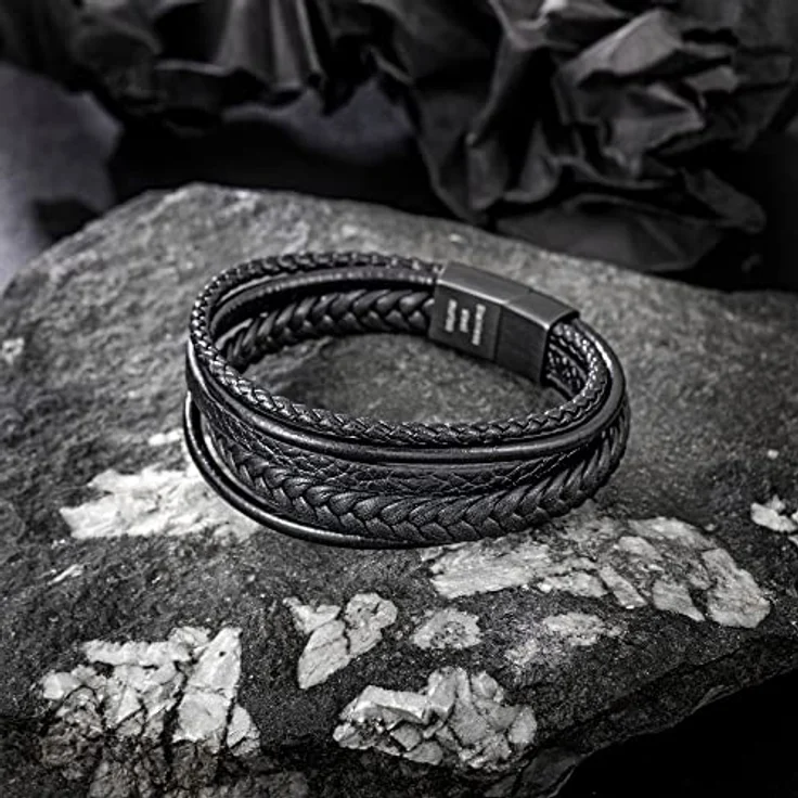 Speroto Lederarmband Herren, Schwarz, geflochten mit Edelstahl Magnetverschluss, 23 cm – Bild 2
