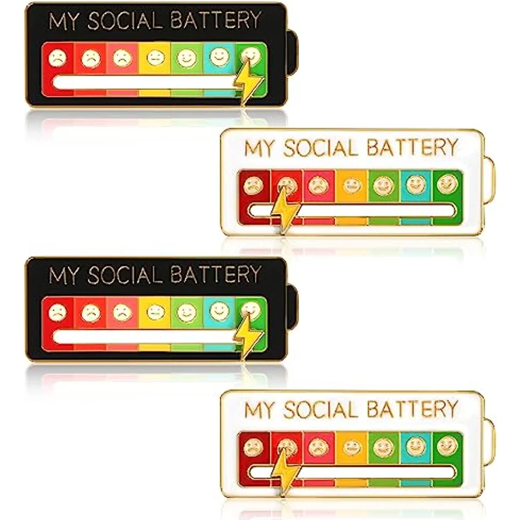 CAINCAY Social Battery Pin, 4 Stück Interaktive Stimmungsbroschen für Psychische Gesundheit, Weiß+Schwarz, 7 Ausdrücke zur Änderung der Stimmung – Bild 1