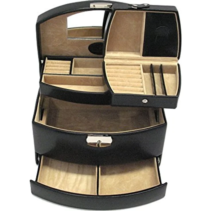 Windrose Automatik-Schmuckkoffer Merino Moda, Luxus-Jewelry-Koffer mit Reiseeinsatz, schwarz-legacy – Bild 2