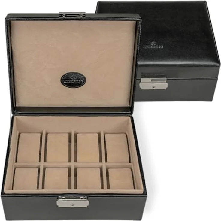 Windrose Merino Watch Safe Box Black, Schmuckkasten für Uhren mit eleganter Aufbewahrung, 19,5 x 16 x 9 cm – Bild 5
