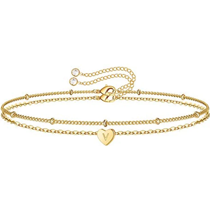 TINGN Gold Armband Set für Damen, Zierliche Buchstaben Armbänder mit personalisiertem Herzanhänger, 14 Karat vergoldet, 2 Stück, verstellbar, Geschenke für Frauen und Mädchen – Bild 1