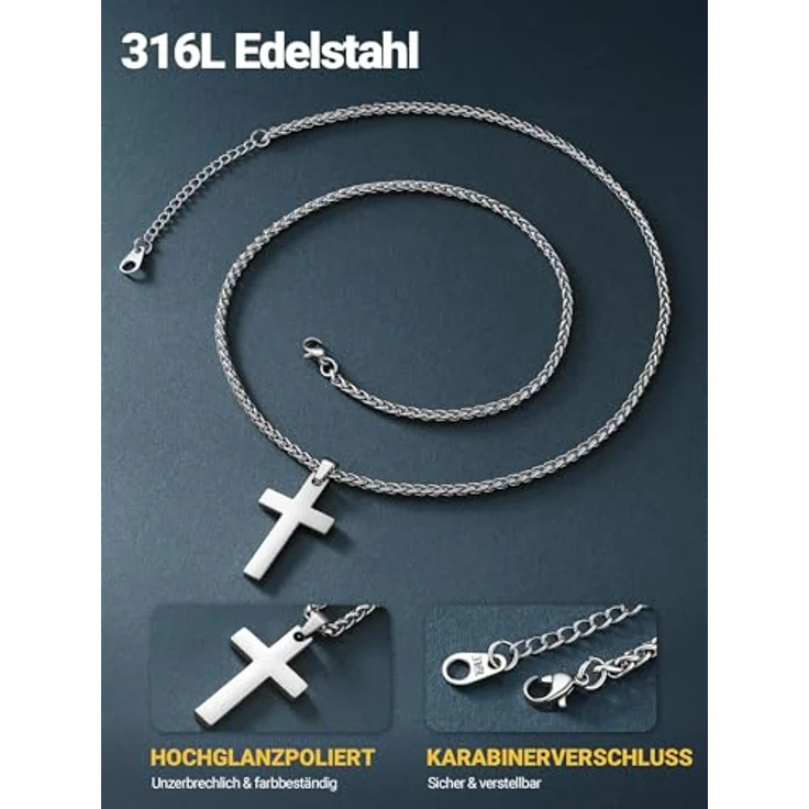 PROSTEEL Edelstahl Kreuz Kette, Halskette mit Kreuz Anhänger, 55cm verstellbar in Silber, robust und hautverträglich, 43mm x 20mm – Bild 4
