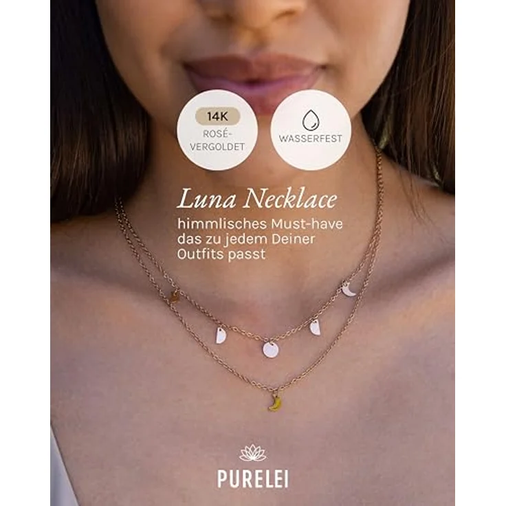 Purelei Luna Kette Damen (Roségold) – Wasserfeste Edelstahl-Halskette mit verstellbarer Länge 40-45 cm und Anhänger – Elegante Damenkette für individuellen Stil – Bild 2