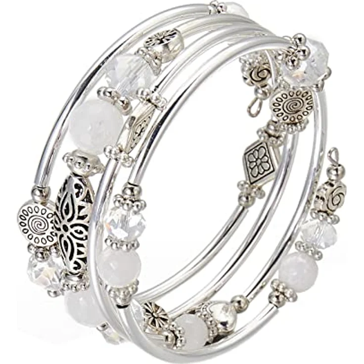 FULU AUTUMN Damen Boho Armband, mehrschichtiges Perlen Silber Wickelarmband aus Legierung, mit Geschenkbox, weiß – Bild 5