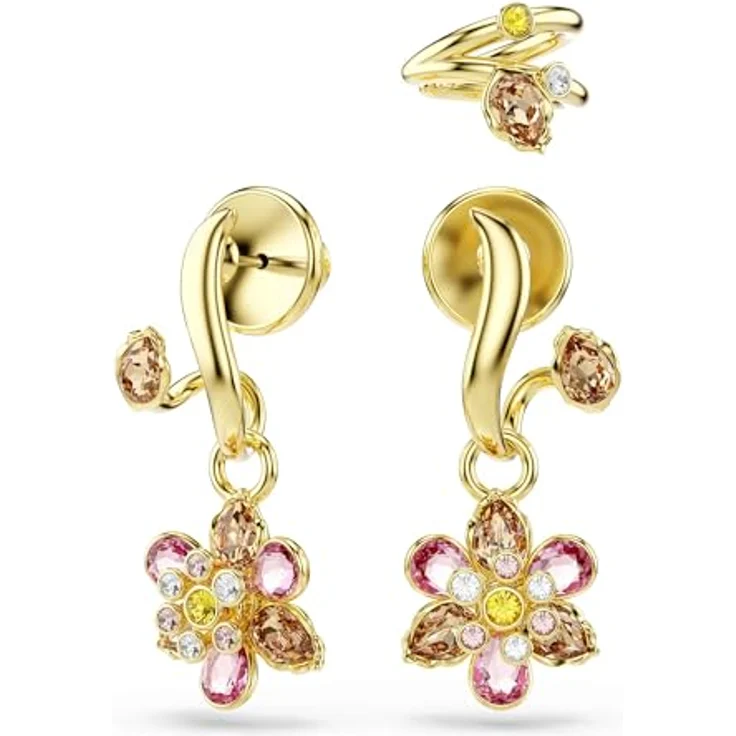 Swarovski Idyllia Ohrringe, mehrfarbiges und vergoldetes Set mit zwei Ohrringen und einer Ohrspange, Kristallblumen in verschiedenen Schliffen, Größe: 2 x 1.3 cm – Bild 2