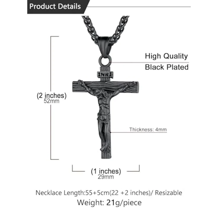 U7 Kreuz Halskette Edelstahl, INRI Kruzifix Jesus Christus Anhänger, Schwarz, 50+5cm Weizenkette, Herren Modeschmuck – Bild 5